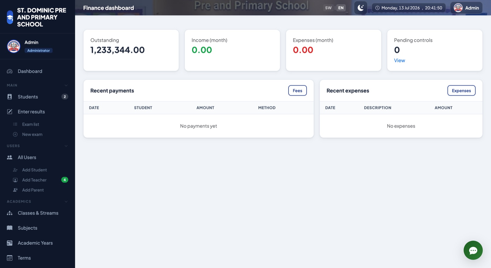 ElimuCloud finance dashboard showing outstanding fees, monthly income, expenses and pending control numbers